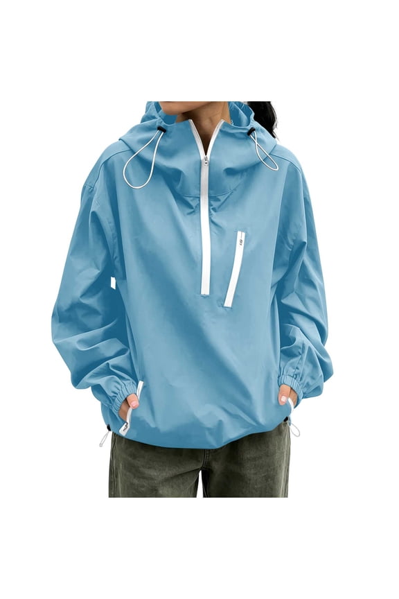 Womens Waterproof Windbreaker Hooded Rain Jacket Half Zip Pullover Lightweight Outdoor Hiking Anorak Coat