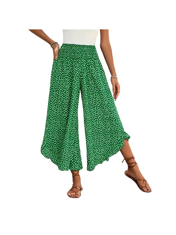 Womens Wide Leg Polka Dot Palazzo Pants High Waist Elastic Flowy Ruffle Split Hem Capris Casual Beach Vacation Trousers