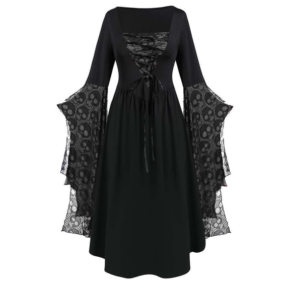 WRFWUL Womens Witch Dress Gothic Bat Sleeve Skull Lace Corset Vintage Medieval Renaissance Halloween Cosplay Costume Party Gown