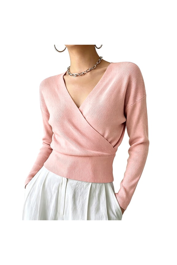 Womens Wrap V Neck Top Long Sleeve Ribbed Knit Surplice Pullover Tops Elegant Slim Fit Casual Cropped Sweater