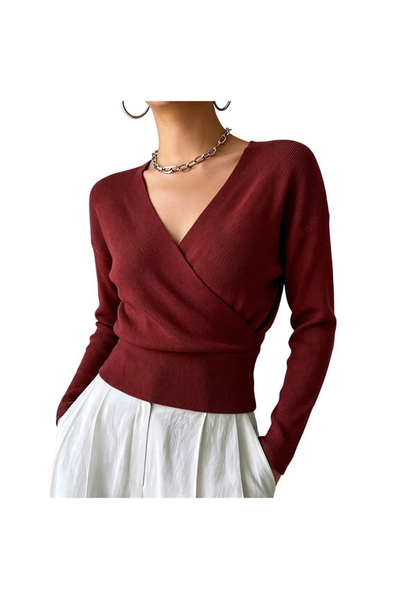 Womens Wrap V Neck Top Long Sleeve Ribbed Knit Surplice Pullover Tops Elegant Slim Fit Casual Cropped Sweater