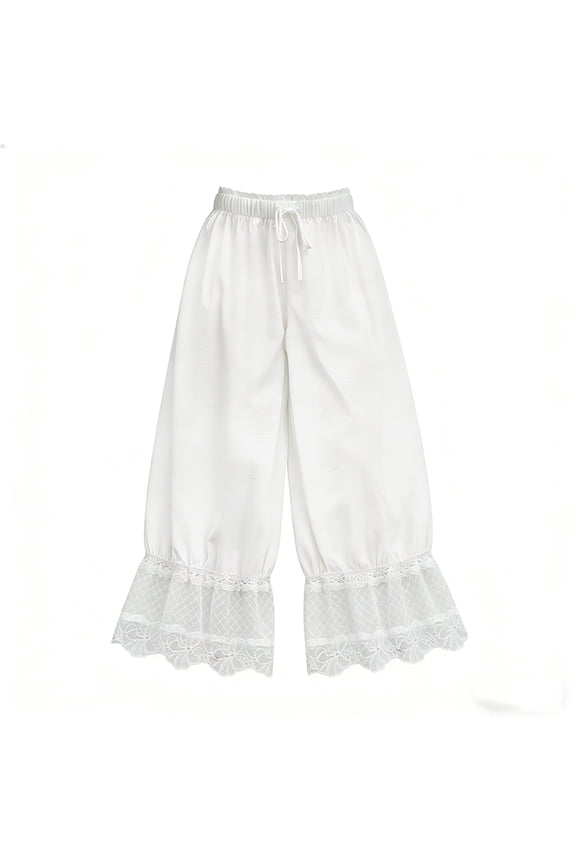 Womens Y2K Lace Trim Hem Long Bloomers Elastic Mid Rise Ruffle Pantaloons Cropped Flared Slips Pants Pajama Bottoms