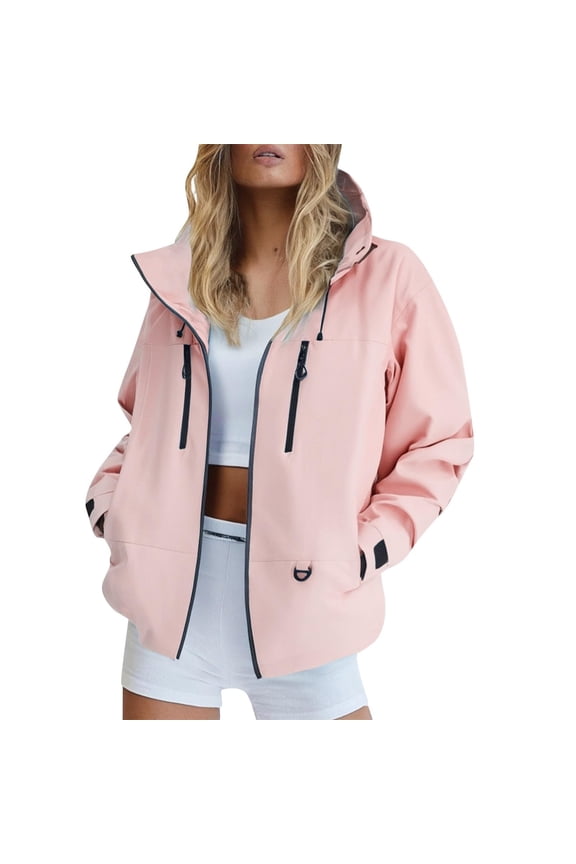 Womens Zip Up Hooded Waterproof Rain Jacket Lightweight Outdoor Hiking Travel Trench Jacket with Pockets