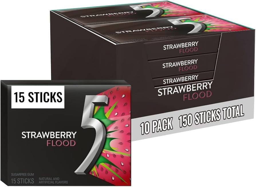WRIGLEY’S 5 STRAWBERRY FLOOD GUM — 15 STICKS PER PACK — 10 PACK VALUE BOX — LONG-LASTING SWEET STRAWBERRY SUGAR-FREE CHEWING GUM