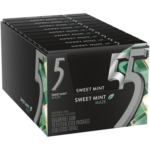 WRIGLEYS 5 SWEET MINT MAZE GUM  15 STICKS PER PACK  10 PACK VALUE BOX  LONG-LASTING COOL & SWEET SUGAR-FREE MINT CHEWING GUM