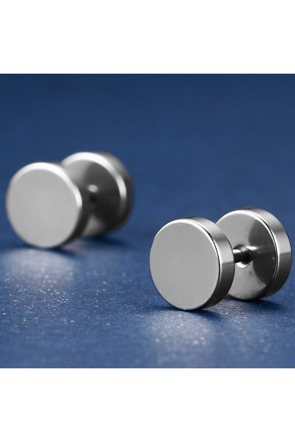 1 Pair Mens Button Earrings Dumbbell Design Round Stainless Steel For Work