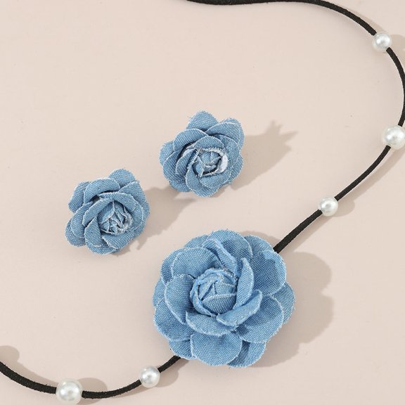 WRISTBIQUE 1 Set Flower Choker and Earrings Set in Sky-Blue Color for Women's Daily and Party Wear