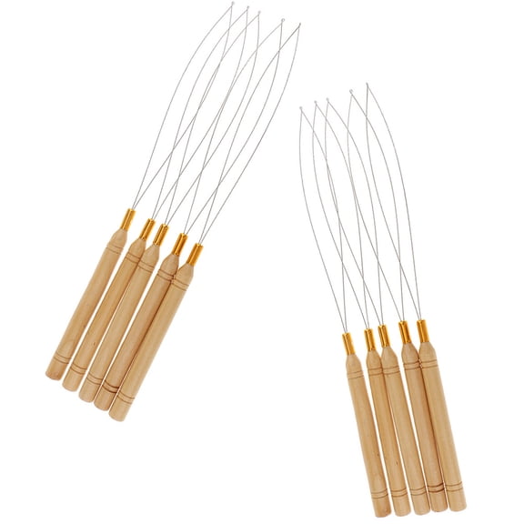 WRISTBIQUE 10Pcs Wooden Handle Crochet Loop Threader for Hair Extensions DIY Crafts Yellow