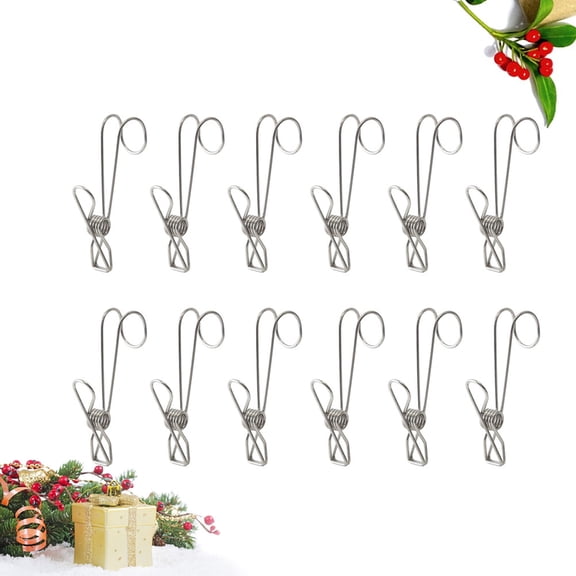 WRISTBIQUE 12Pcs Metal Clothesline Clips with Hook for Hanging Clothes Bags Notes and Decorations