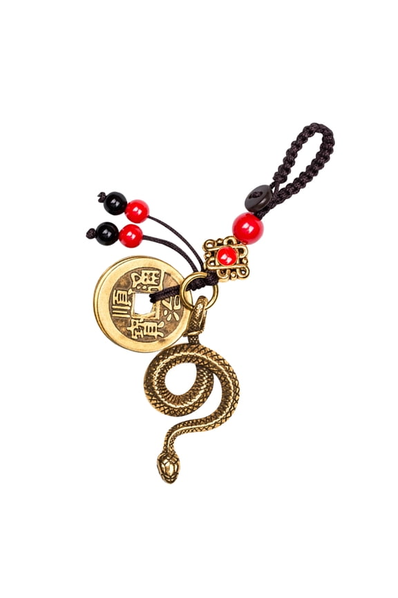 1Pcs Five Coins Yellow Brass Snake Retro Pendant Keychain for Daily Use