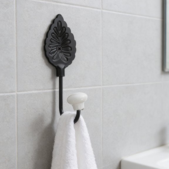 WRISTBIQUE Black Ceramic Leaf Wall Hooks for Hanging Clothes Towels 2 Pack