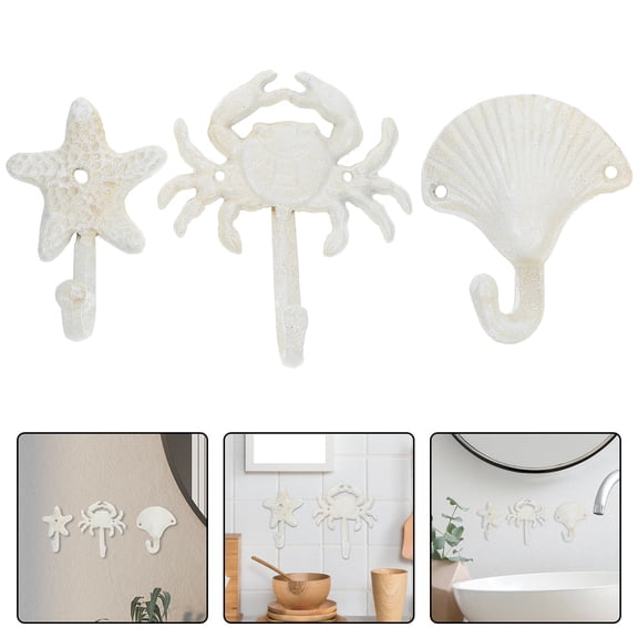 WRISTBIQUE 3Pcs Vintage White Cast Iron Decorative Wall Hooks Beach Theme for Towels Coats Hats Robes