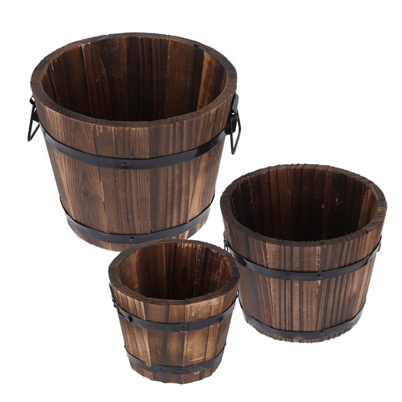 WRISTBIQUE 3Pcs Wooden Barrel Flowerpot Coffee Color Rustic Bucket for Outdoor Balcony Plant Container