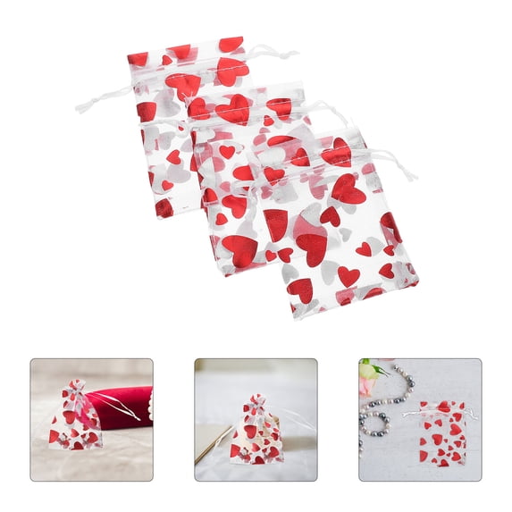 WRISTBIQUE 50Pcs Valentines Day Heart Bag Drawstring Red Mesh Pouches for Jewelry Candy Packaging