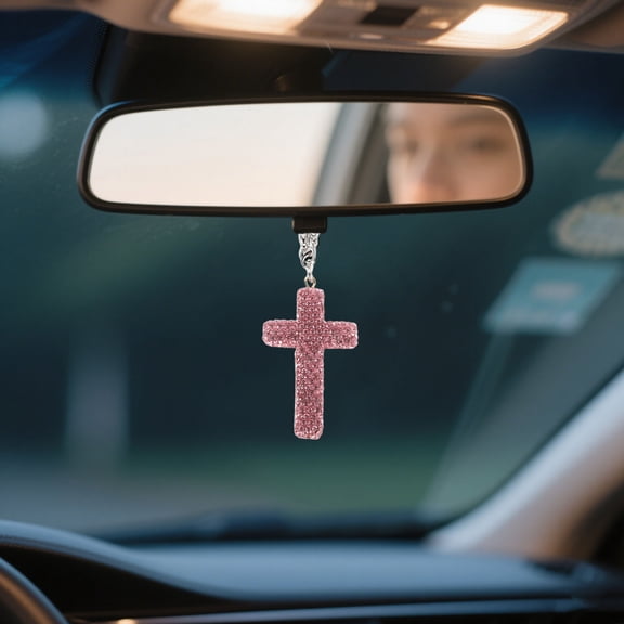 WRISTBIQUE Pink Rhinestone Car Charm Cross Pendant Car Interior Decoration Durable Stylish Auto Hanging Ornament