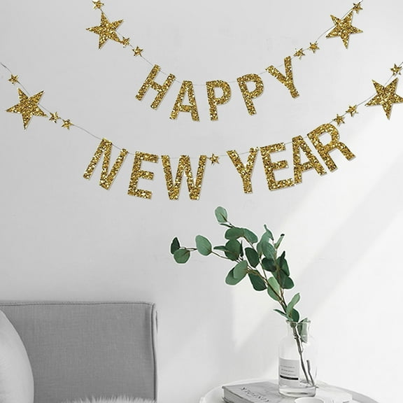 WRISTBIQUE New Year Decorations Golden Glitter Banner for Wall Table and Tree Display