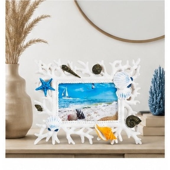 WRISTBIQUE 6 Inch Coral Shell Resin Photo Frame, Wedding Picture Display, Coastal Tabletop Home Decor Gift for Bedroom