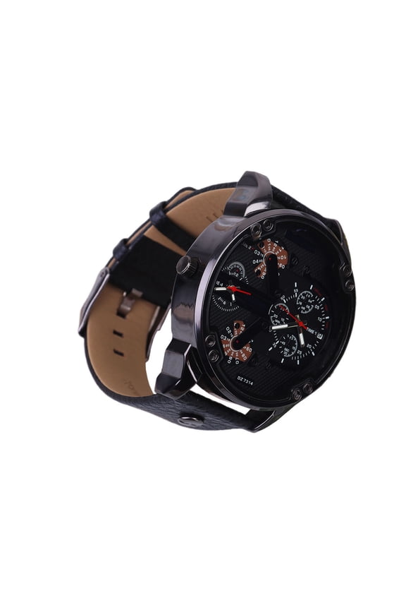 Fashion Mens Watch Large Dial Black Band Double Movement Calendar