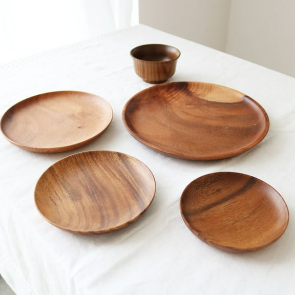 WRISTBIQUE Natural Acacia Wood Round Plate 1Set 12in for Fruit and Snacks Serving and Events