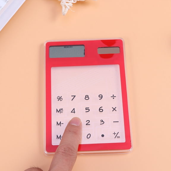 WRISTBIQUE Solar Powered Portable Calculator with Transparent Touchscreen, Compact Design for Office, School, and Travel Use - Red