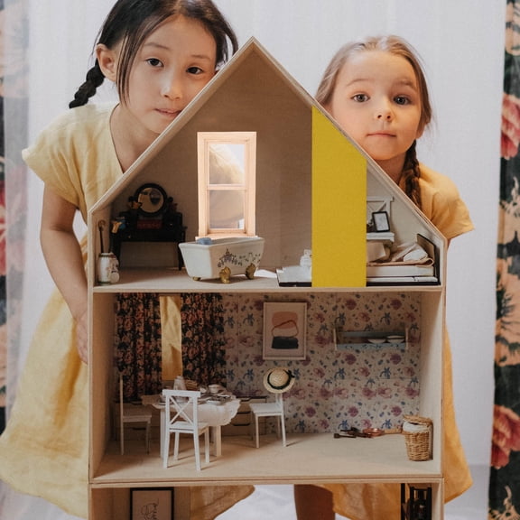 WRISTBIQUE Miniature Dollhouse Furniture Window Display Case Beige Wood 1Pcs