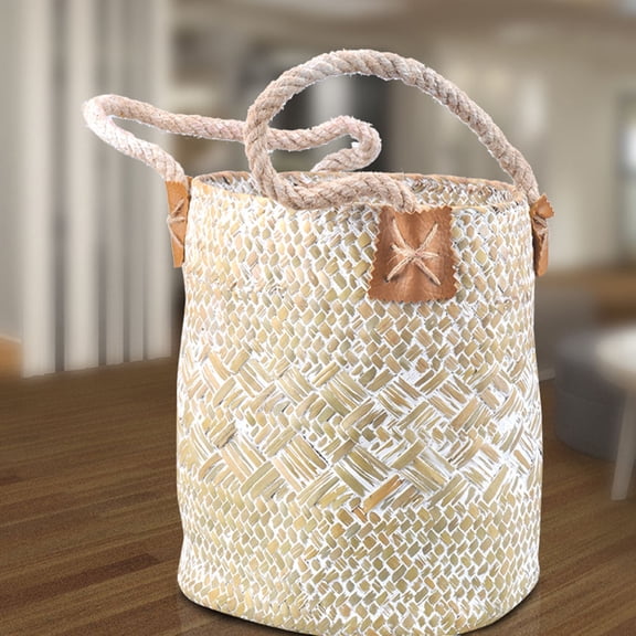 WRISTBIQUE Handmade White Seagrass Braided Basket Portable Flower Pot Storage Box with Handles