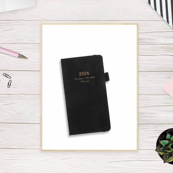 WRISTBIQUE Compact Weekly Planner, Black PU, Minimalist Design for Office and Home