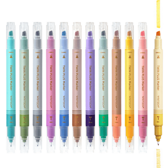 Writech Dual Tip Aesthetic Fine & Chisel Tip Pastel Vintage Highlighter Marker, Assorted Colors 12ct