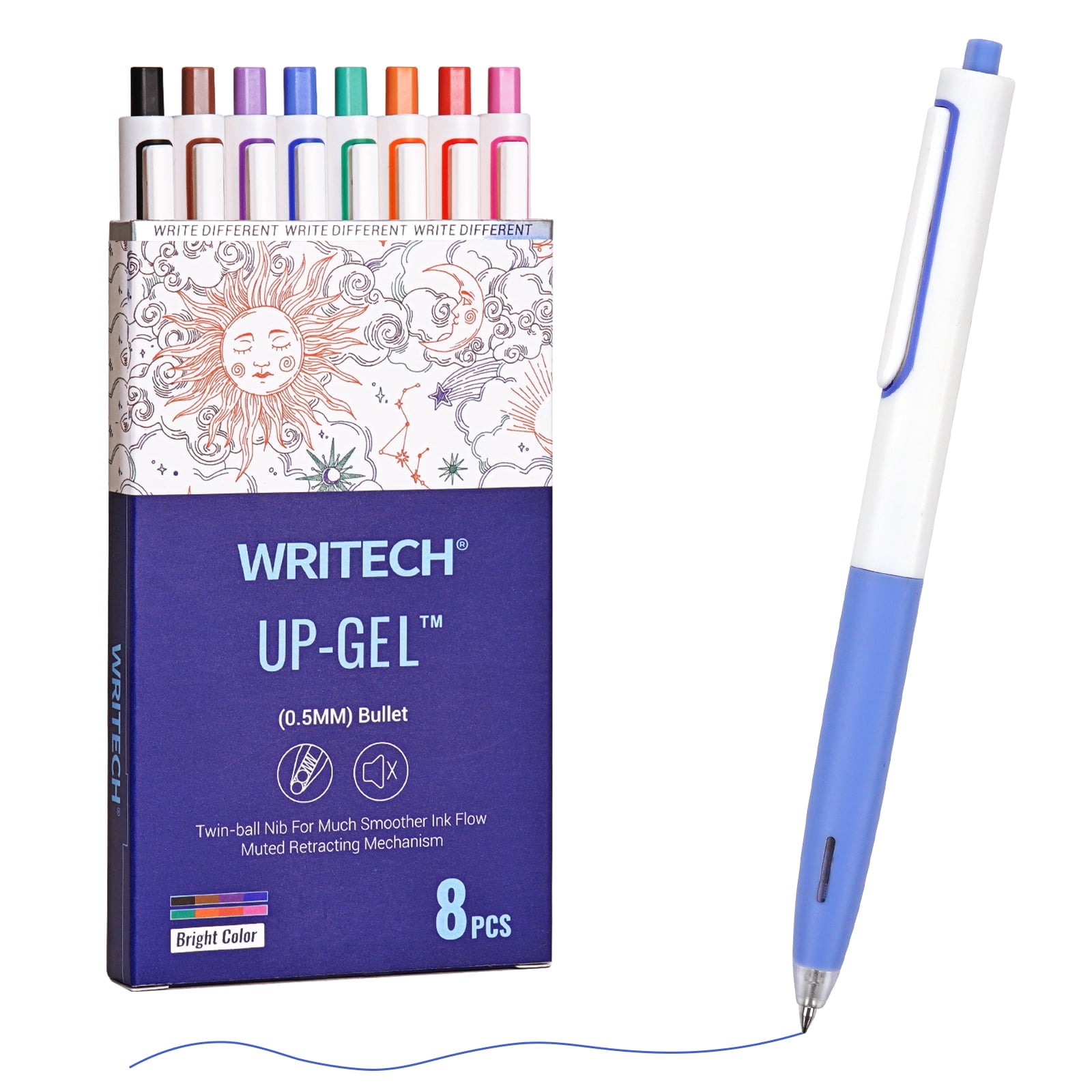 WRITECH Fine Point Retractable Gel Pens, No Smear, 8ct Multicolor Pack