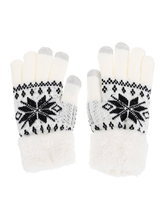 Thick Beige Knit Gloves, Warm Patterned for Winter, One Size Fits Most