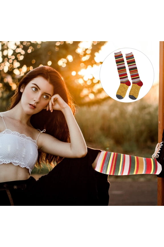 1 Pair Knee High Socks Striped Cotton Socks Moisture Wicking Yellow Comfortable Fit