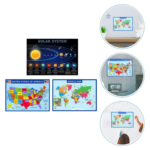 WRITWAA 1 Set Educational Posters for Students World Map Solar System Map Bedroom Wall Decoration