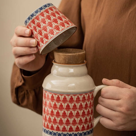 WRITWAA Vintage Red Ceramic Kettle and Cup Set with Cork Seal, Elegant Kitchen Storage and Drinkware Collection