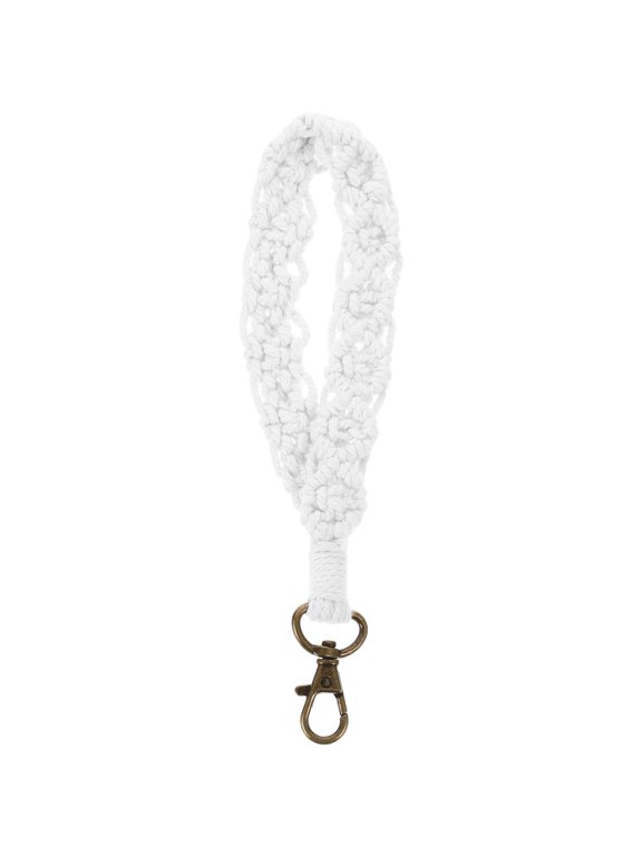 Stylish Macrame Wristlet Keychain White Cotton Rope Zinc Alloy Decor