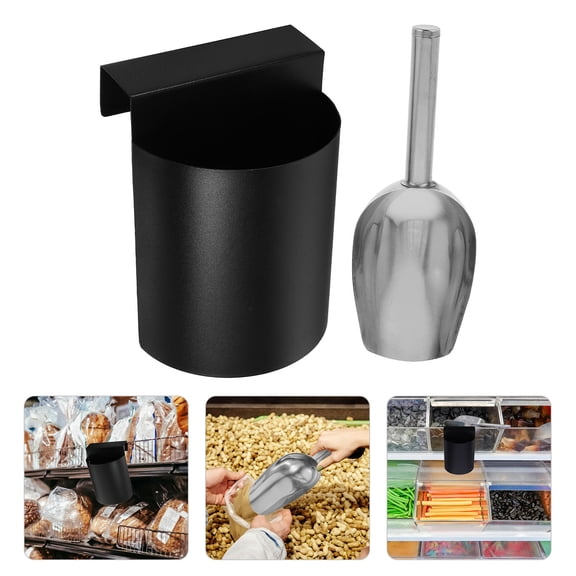 WRITWAA 1Set Compact Stainless Steel Ice Scoop with Holder Set Space Saving Scoop for Food Grains Nuts and Ice
