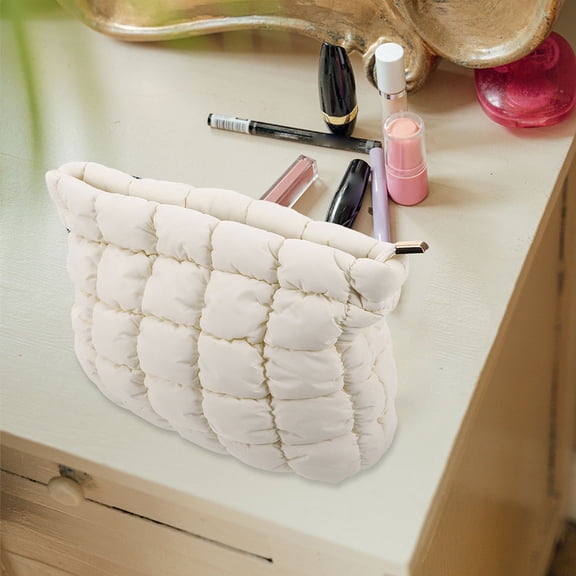WRITWAA 2Pcs White Quilted Grid Cosmetic Bags Portable Travel Makeup Organizer Puffer