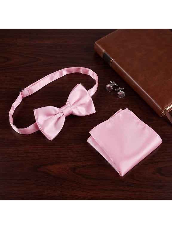 2Pcs Pink Mens Pre-Tied Bow Tie Set with Pocket for Formal Wedding and Business Events