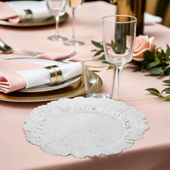 WRITWAA 2Pcs Plated Silver Reusable Plastic Charger Plates with Unique Contours for Event Catering