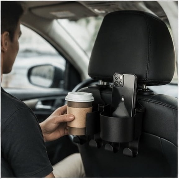 WRITWAA 3 Pack Car Rear Seat Cup Holder, Black ABS Auto Drink Organizer with Headrest Hooks, Backseat Storage for Vehicle