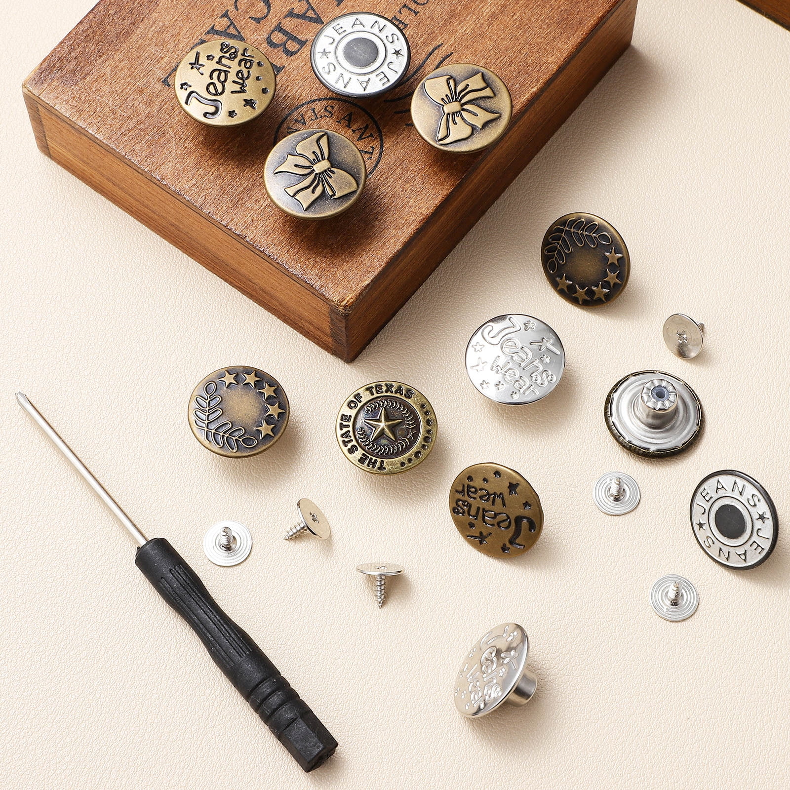 Jean Button Machine WRITWAA 36Pcs No Sew Jean Buttons Replacement Kit with Copper Metal ...