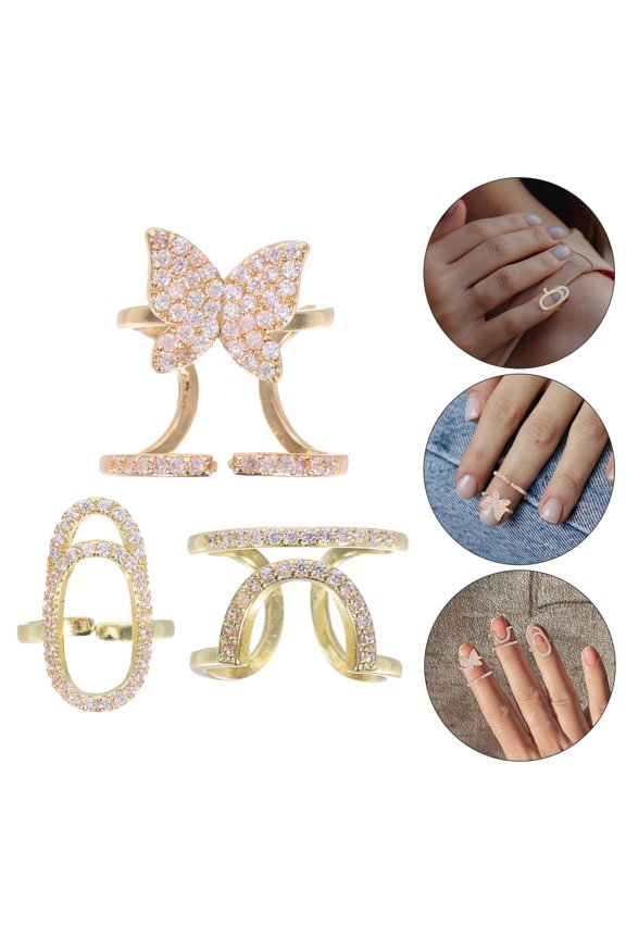 Jewelry Nail Rings For Women Golden Metal 3Pcs Designed For Casual Occasions