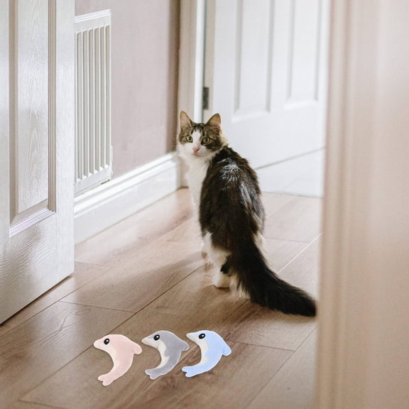 WRITWAA 3pcs Cat Stuffed Toy Plush Gray Dolphin Shape Chew Exercise For Kittens