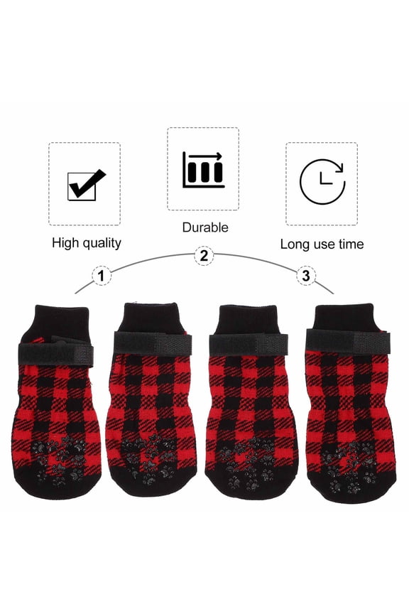 4-Pack Non- Dark Red Cotton Dog Socks with Grips for Indoor Use, Comfortable Pet Footwear