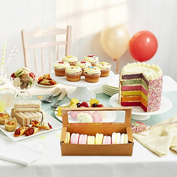 WRITWAA 50Pcs Kraft Macaron Boxes Small Brown with Clear Display Window and Decorative Stickers