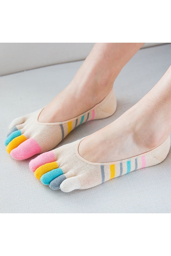 5 Pairs Women's Cotton Low Cut Toe Socks, Invisible Five Finger Socks with Trendy Stripe Pattern