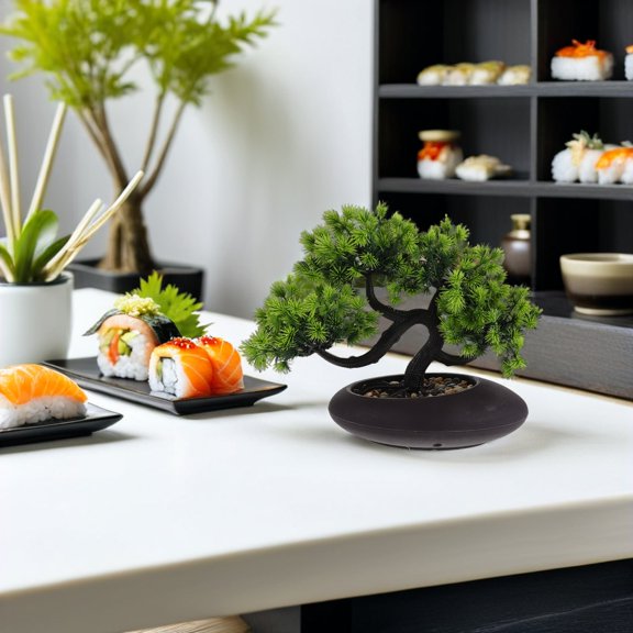 WRITWAA Artificial Pine Bonsai Tree Green with Stone Pot Japanese Sushi Plate Decor