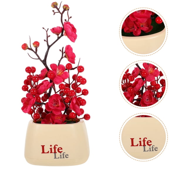 WRITWAA Realistic Rosy Artificial Bonsai Tree with Plum Blossoms for Kitchen and Office