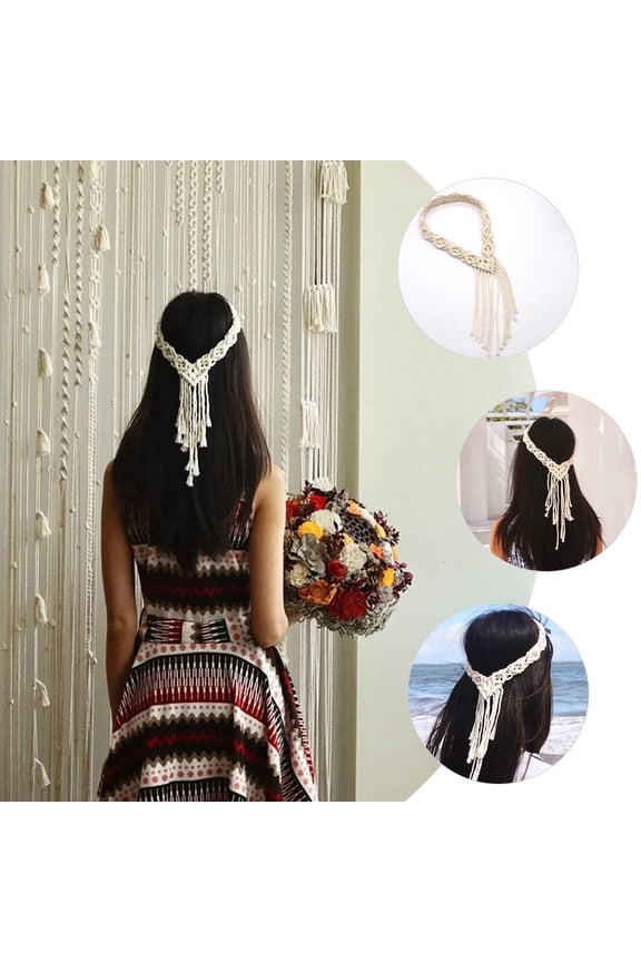 Beige Hand Woven Cotton Rope Headband Bohemian Style Hair Wrap for Beach and Photography