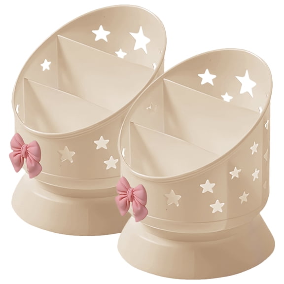 WRITWAA Beige Makeup Brush Organizer and Holder with Bow , Large Capacity PP Storage Box for Vanity and Kitchen Use