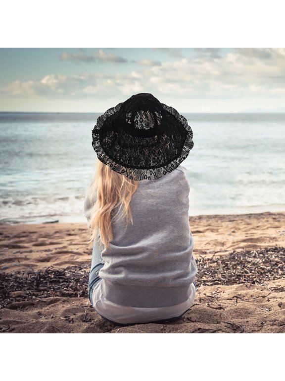 Black Foldable Lace Fisherman Hat with Wide Brim and Chin Strap for Outdoor Sun Protection